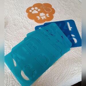 Plastic Alphabet & # stencils, L & S, Protractor, & Frog/Lady Bug/Paw Print